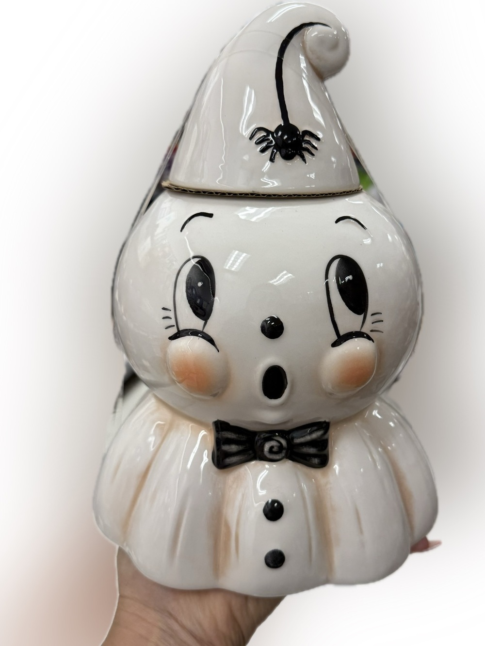 Johanna Parker White Ceramic Ghost Cookie Jar Canister with Black Accents